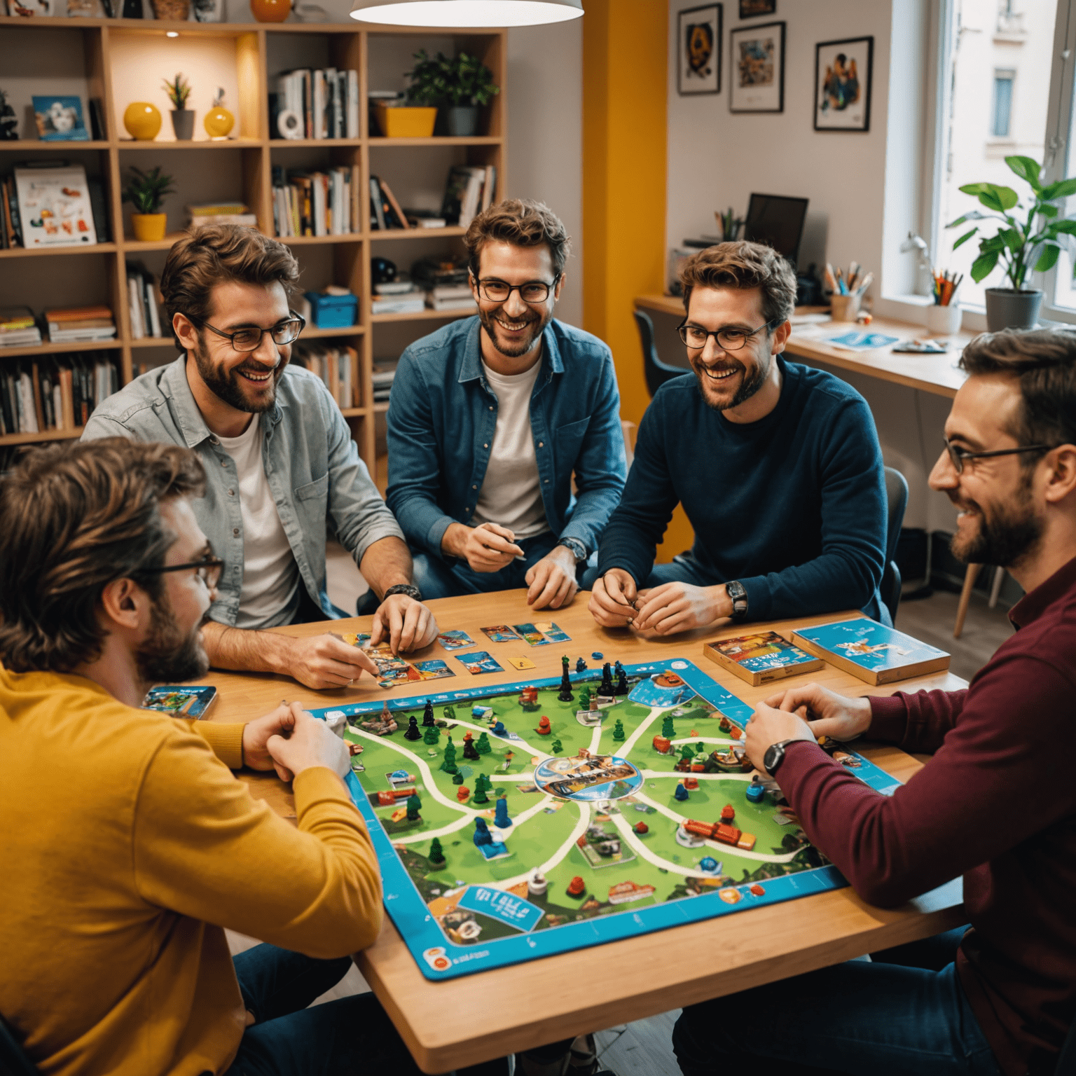 The Plinkgamess team gathered around a table, playing one of their board games in their colorful Barcelona office. The team members are diverse in age and background, all smiling and engaged in the game.