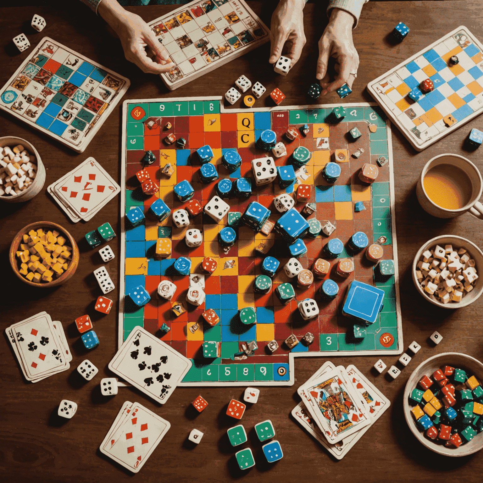 A colorful image of various board games spread out on a table, including dice, cards, and game pieces. The image conveys a sense of fun and family togetherness.