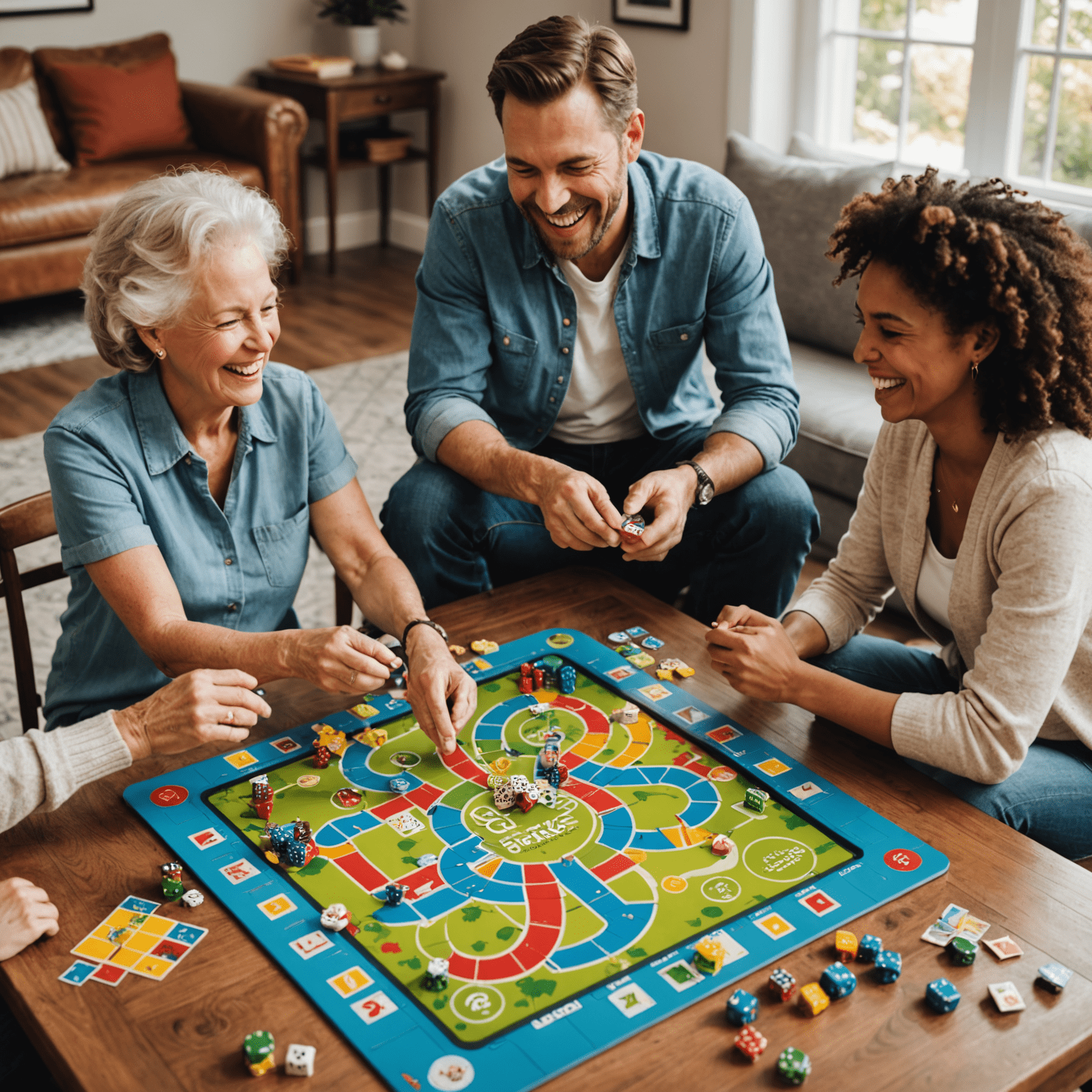 A group of family members laughing and playing a colorful board game on a table, with dice and game pieces scattered around