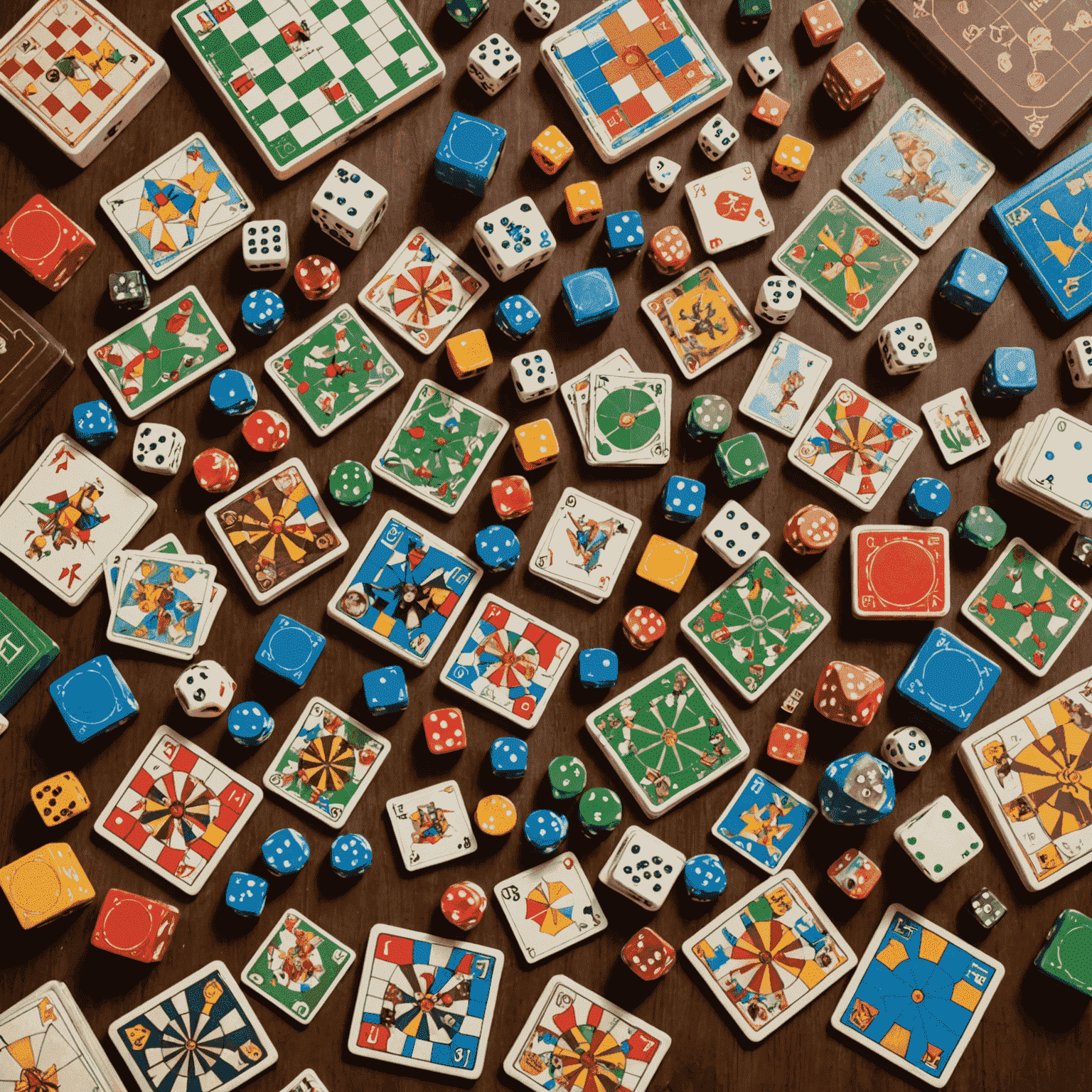 A collage of colorful board games spread out on a table, featuring dice, cards, and game pieces from various family-friendly games