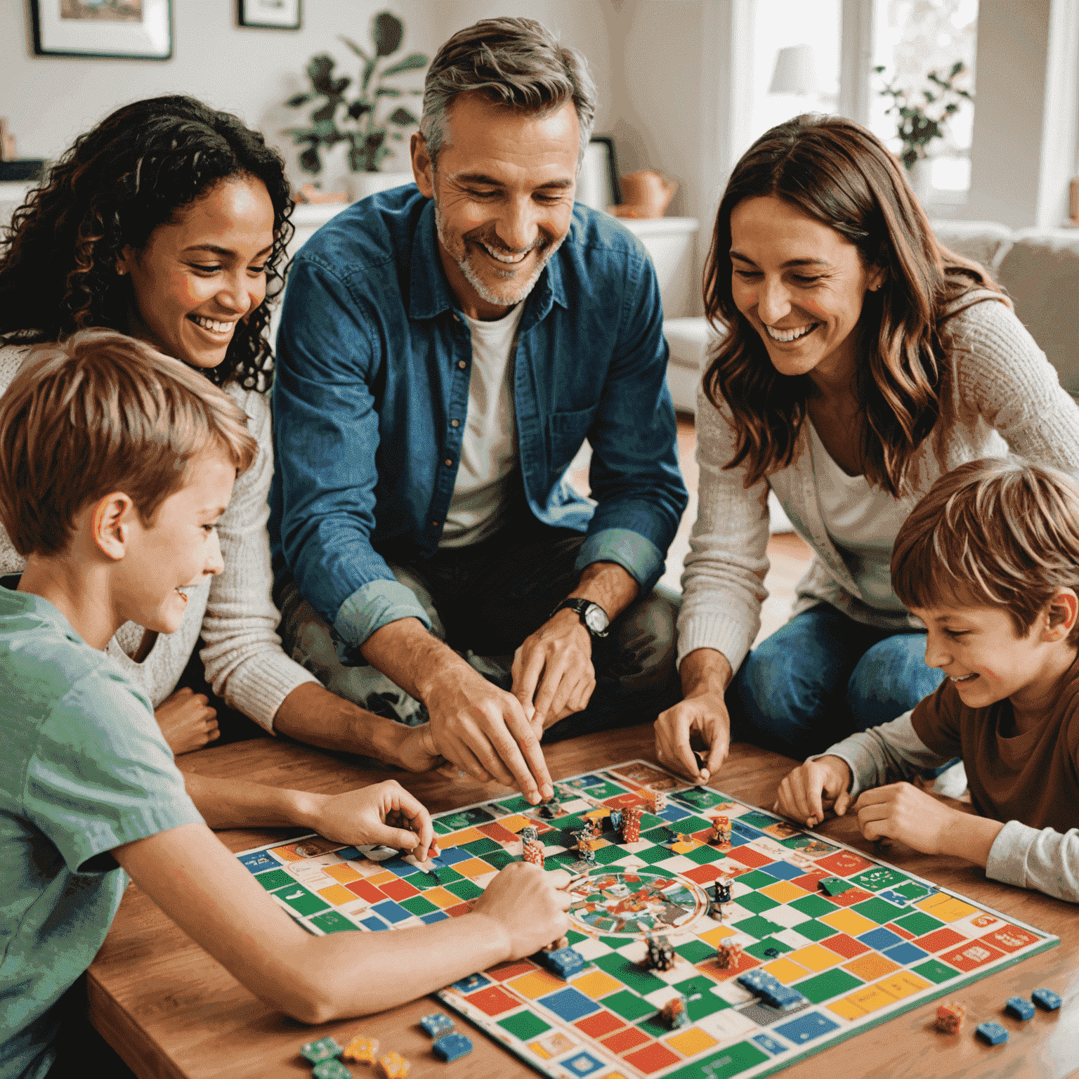 A cheerful family gathered around a table, playing board games. The image shows parents and children of various ages, all smiling and engaged in gameplay. The table is covered with colorful game boards, cards, and pieces.