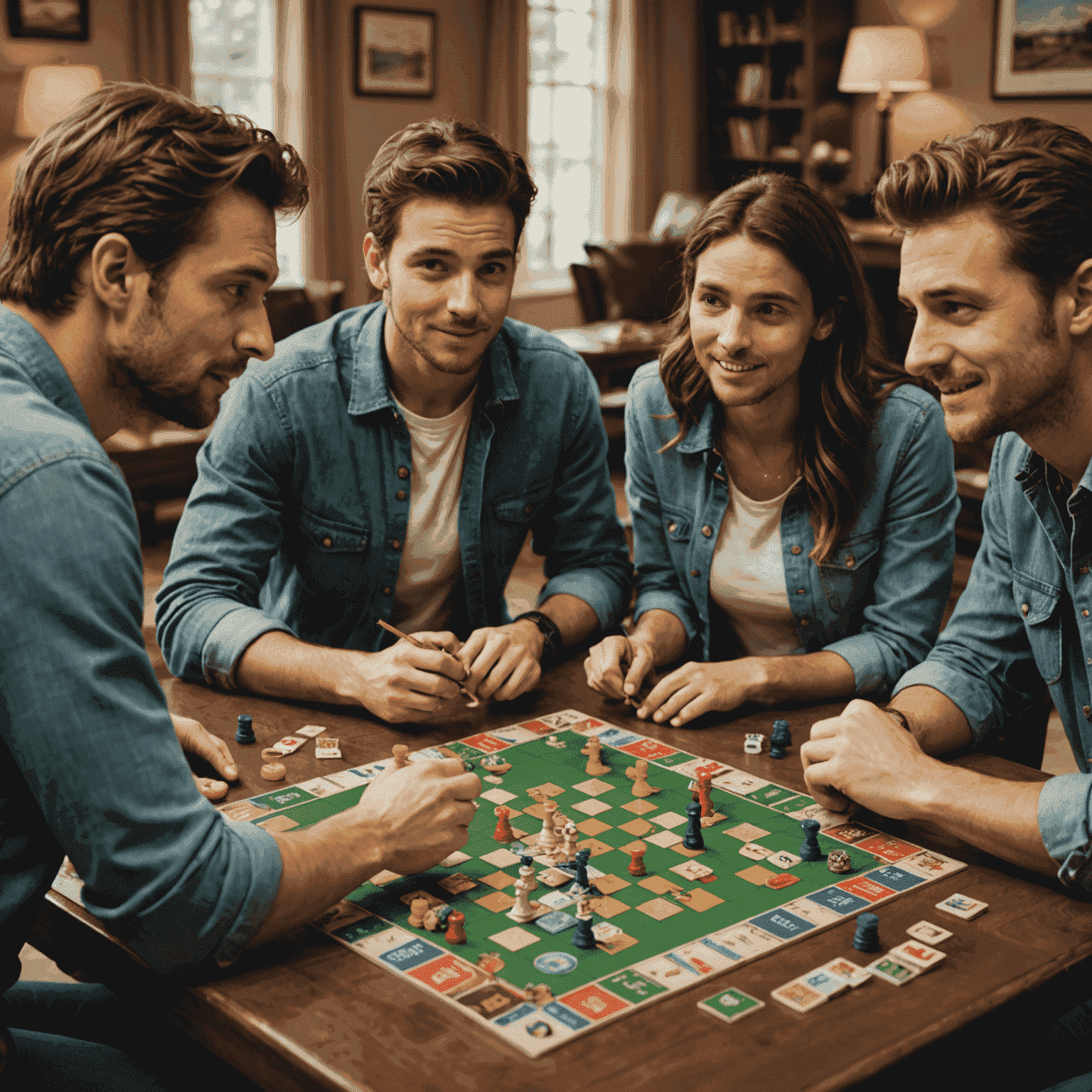 A group of friends playing a strategic board game, with close-ups of game pieces and thoughtful expressions on players' faces