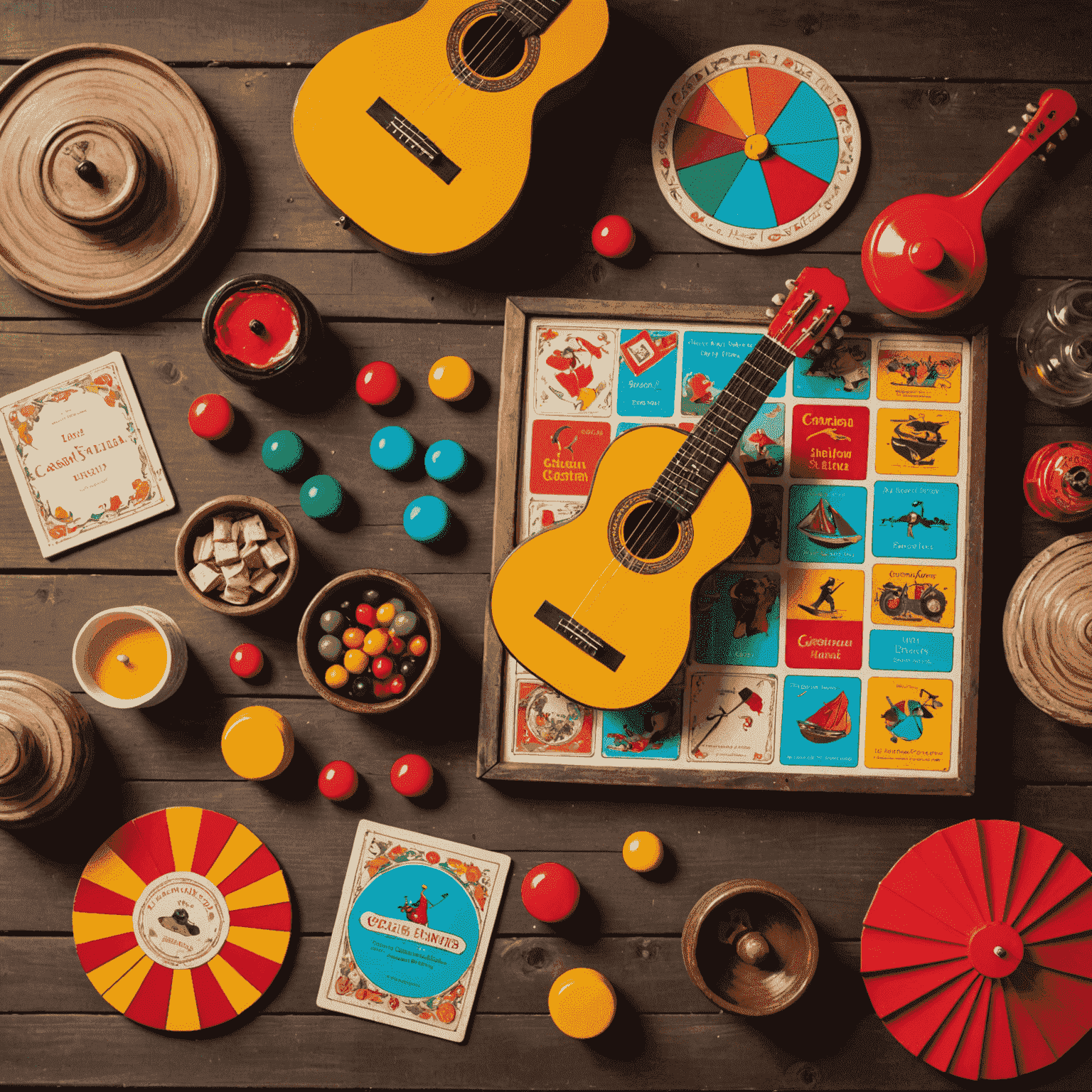 A collection of colorful Spanish-inspired board games displayed on a rustic wooden table, with elements of Spanish culture like a small flamenco guitar, castanets, and a red fan in the background