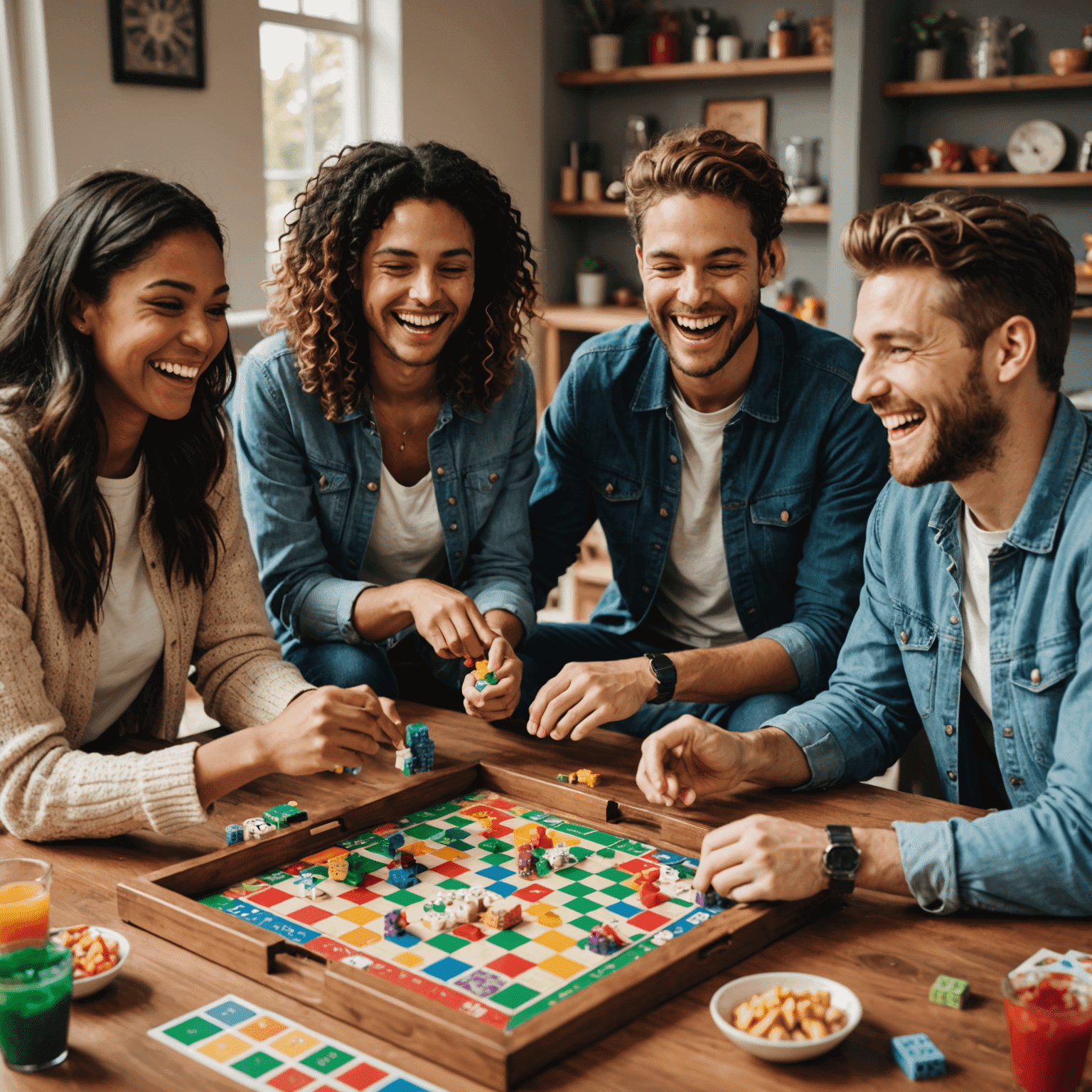 A group of friends laughing and playing board games on a table filled with colorful game pieces, snacks, and drinks