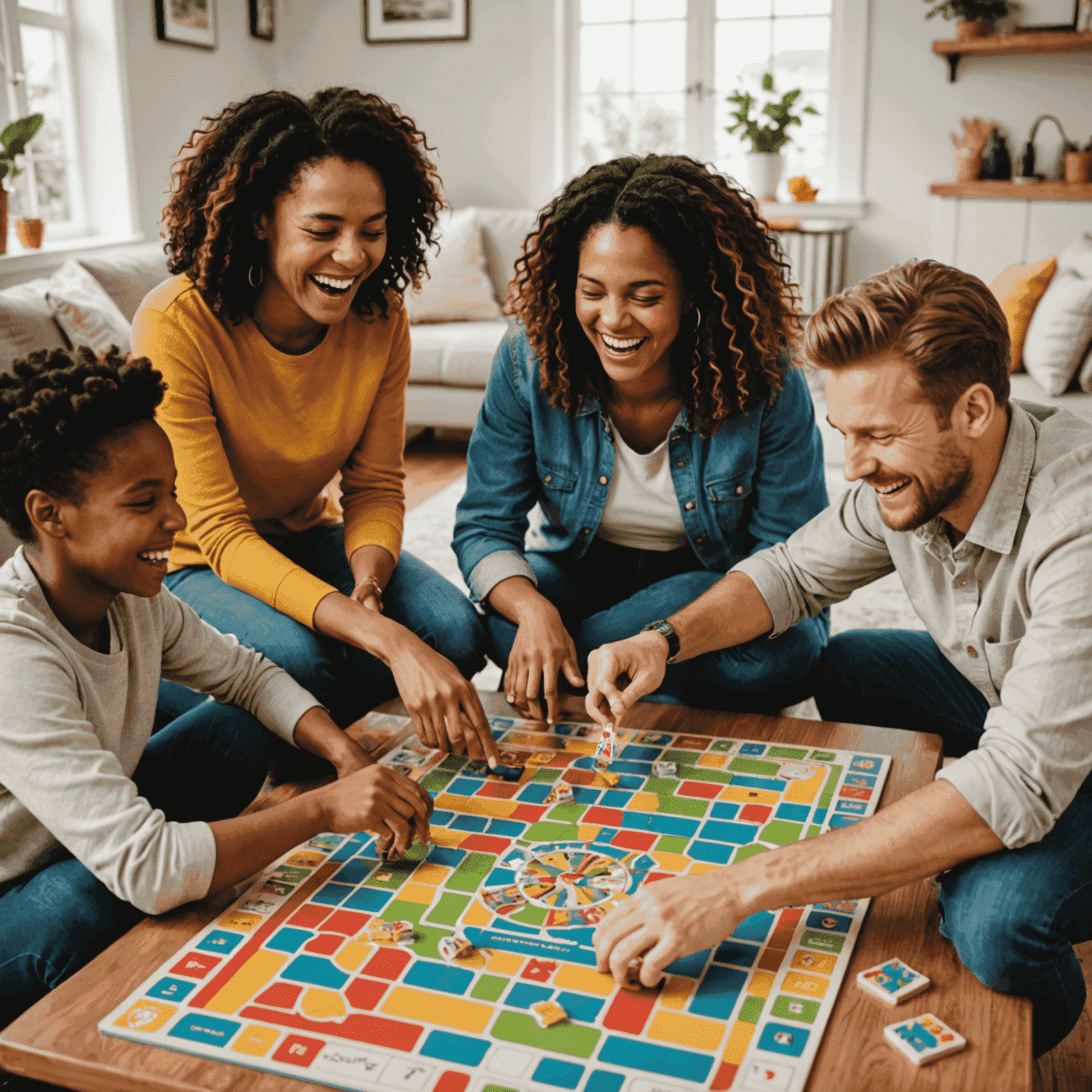 A group of family members laughing and playing a colorful board game on a table