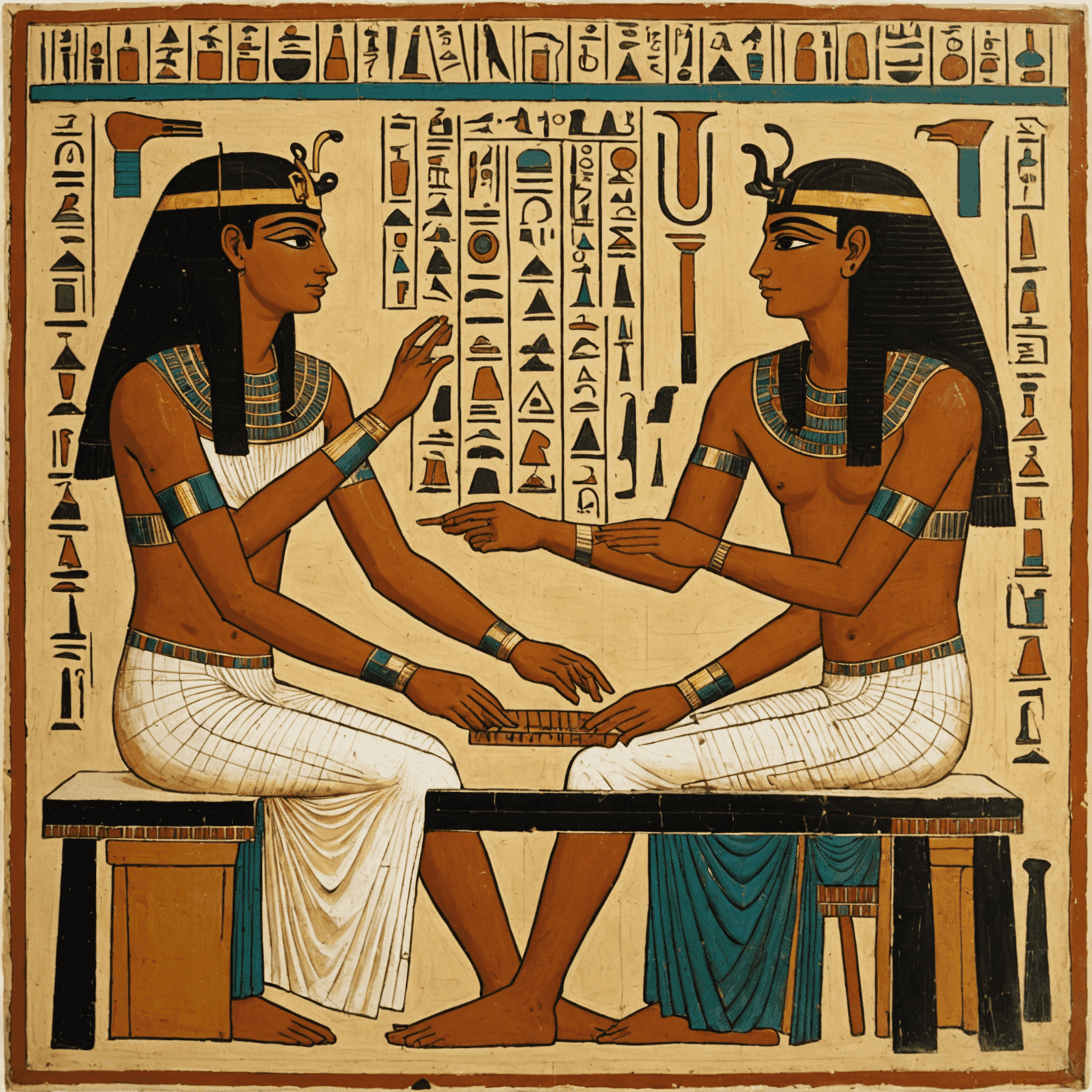 An ancient Egyptian painting depicting two people playing Senet