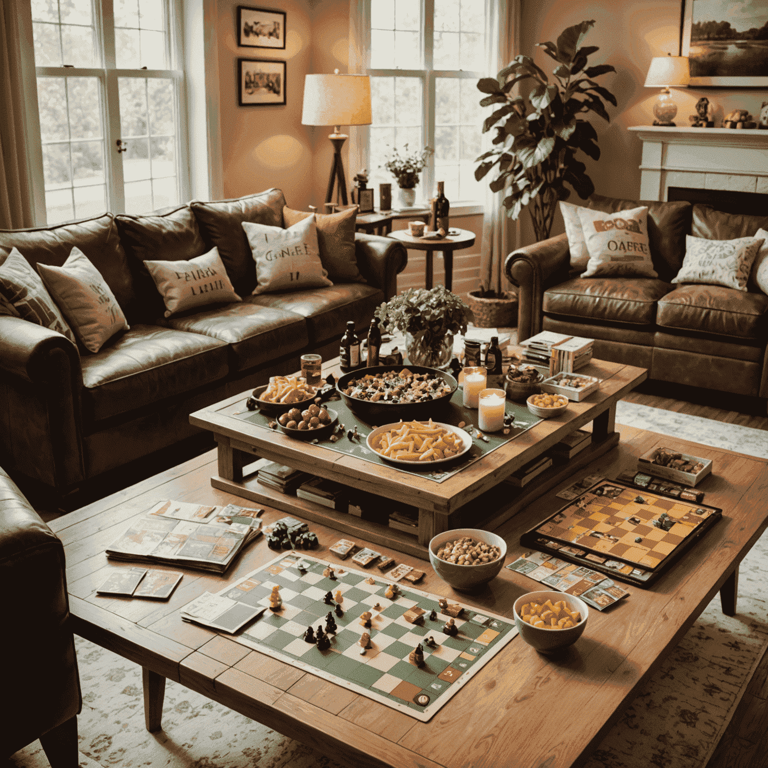 A table set up for a board game night with various games, snacks, and decorations in a cozy living room setting