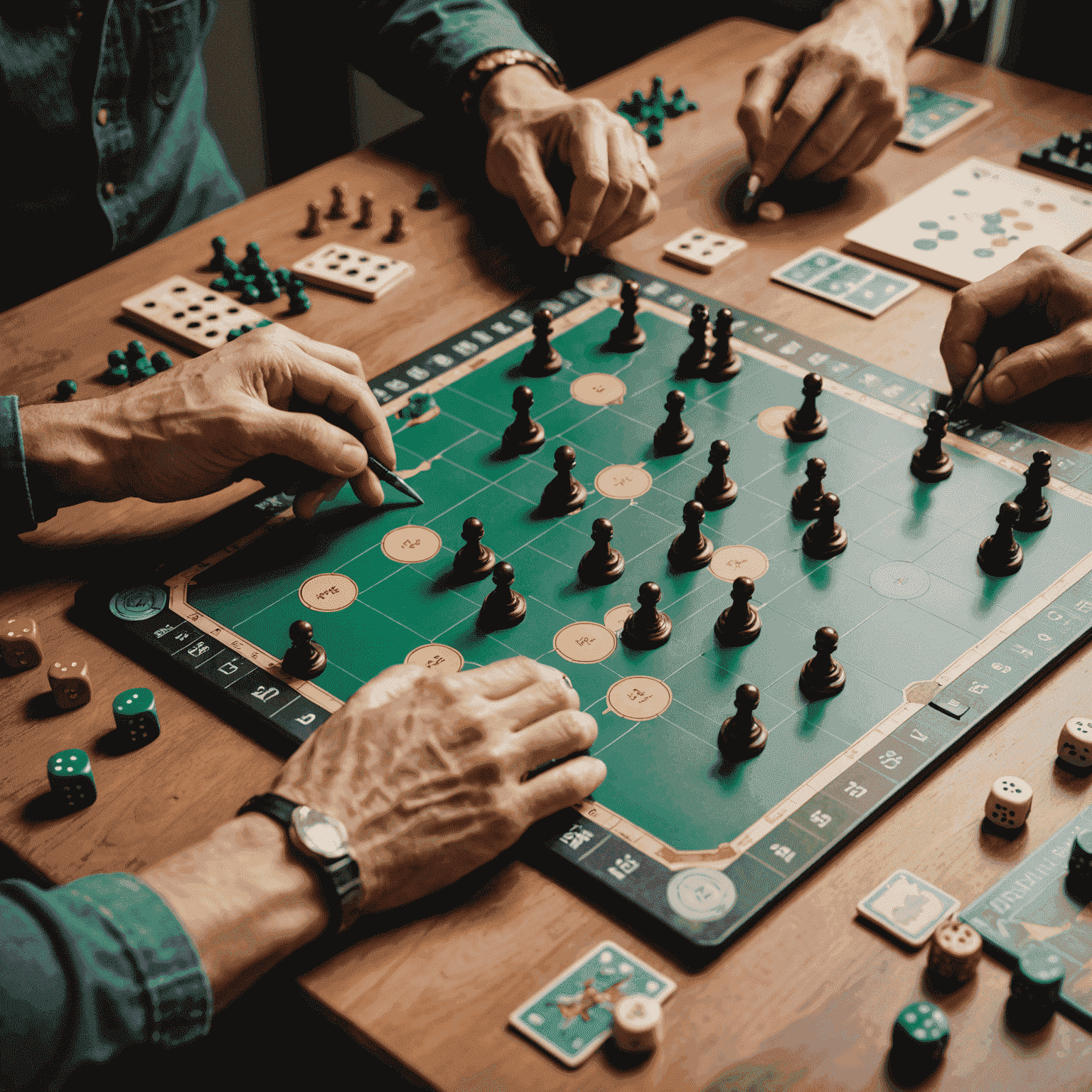 A close-up of hands moving game pieces on a strategy board game, with a notepad showing game tactics nearby