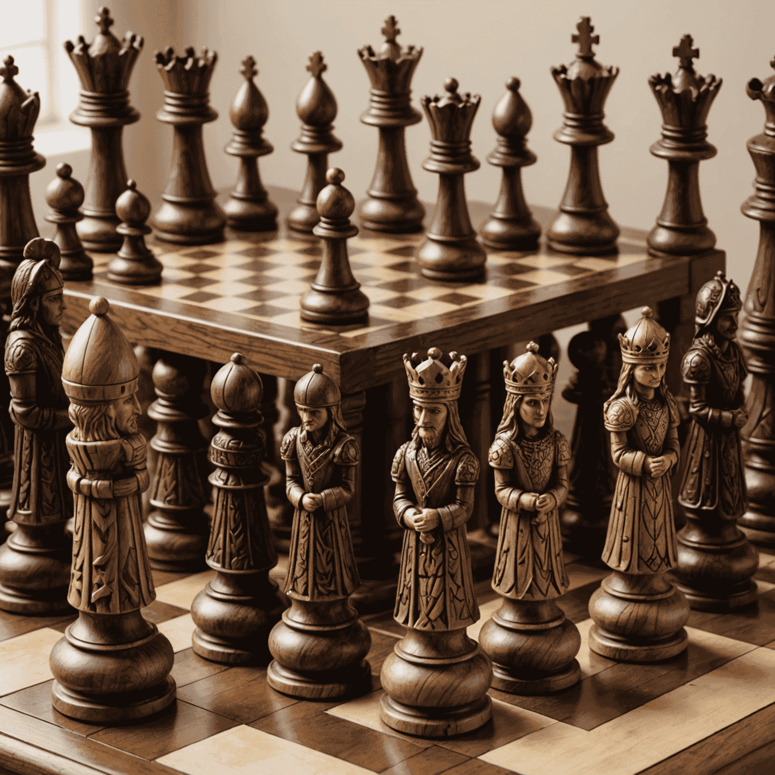 A beautifully carved medieval chess set with ornate pieces