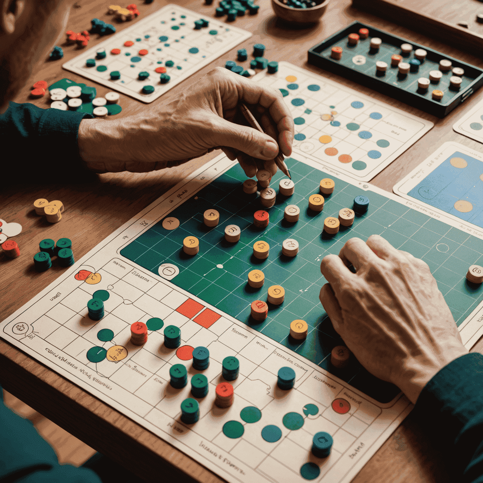 A person's hands moving game pieces on a strategy board game with notes and diagrams nearby