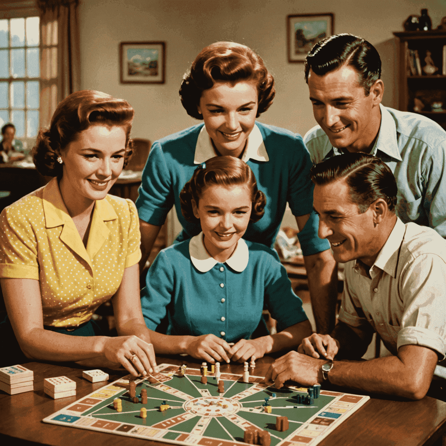 A family from the 1950s gathered around a table, happily playing a board game