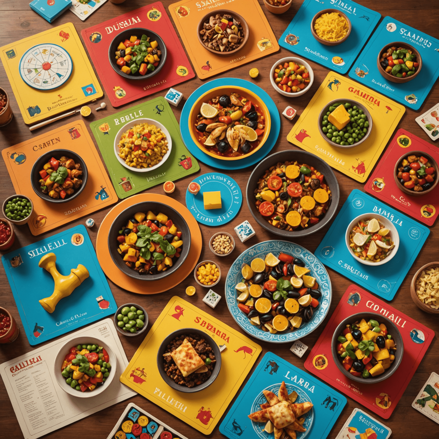 A collection of colorful Spanish-themed board games with elements of Spanish culture like flamenco, bulls, and paella