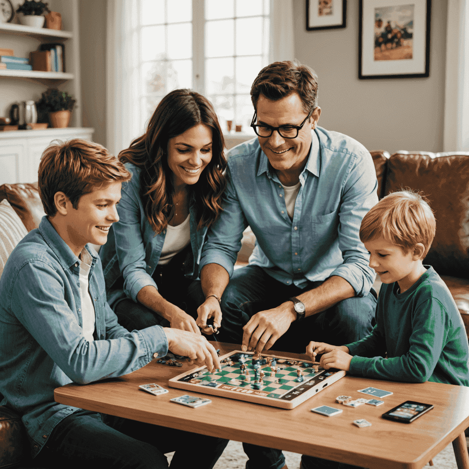 A modern family playing a board game while a tablet shows a digital version of the same game