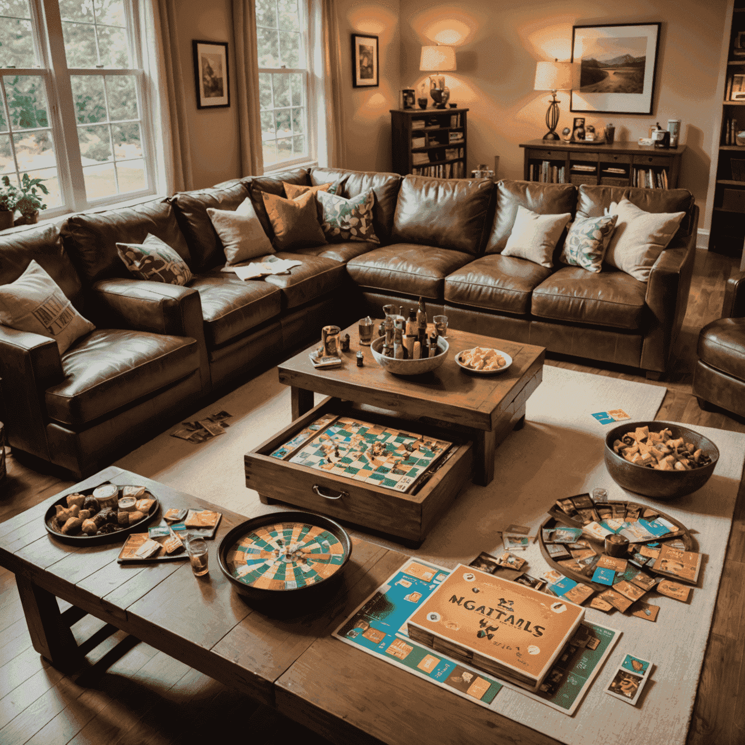 A living room set up for a board game night with snacks, drinks, and a variety of games ready to play